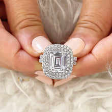 Load image into Gallery viewer, Double Halo 14K Solid White Gold Emerald Cut Moissanite and Natural Diamond Engagement Ring And Band Wedding Bridal 6.30ct