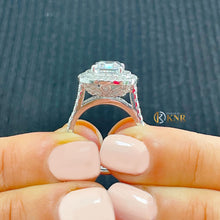 Load image into Gallery viewer, Double Halo 14K Solid White Gold Emerald Cut Moissanite and Natural Diamond Engagement Ring And Band Wedding Bridal 6.30ct