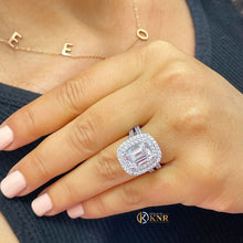 Load image into Gallery viewer, Double Halo 14K Solid White Gold Emerald Cut Moissanite and Natural Diamond Engagement Ring And Band Wedding Bridal 6.30ct