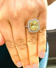 Load image into Gallery viewer, Huge Women's 14k solid white and yellow gold Light Fancy Yellow Radiant simulated and round cut natural diamond engagement ring Halo 6.00ct