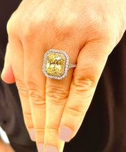 Load image into Gallery viewer, Huge Women's 14k solid white and yellow gold Light Fancy Yellow Radiant simulated and round cut natural diamond engagement ring Halo 6.00ct