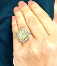Load image into Gallery viewer, Huge Women's 14k solid white and yellow gold Light Fancy Yellow Radiant simulated and round cut natural diamond engagement ring Halo 6.00ct