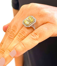 Load image into Gallery viewer, Huge Women's 14k solid white and yellow gold Light Fancy Yellow Radiant simulated and round cut natural diamond engagement ring Halo 6.00ct