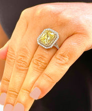 Load image into Gallery viewer, Huge Women's 14k solid white and yellow gold Light Fancy Yellow Radiant simulated and round cut natural diamond engagement ring Halo 6.00ct