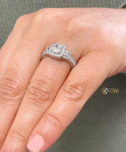 Load image into Gallery viewer, 14k Solid White Gold Cushion Cut Moissanite and Natural Round And Trapezoids Diamond Engagement Ring Halo 2.00ctw