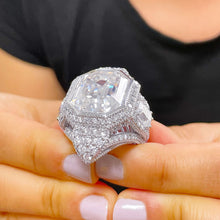 Load image into Gallery viewer, HUGE And Heavy 14k Solid white gold emerald cut moissanite engagement ring bezel and prong set bridal wedding Propose Anniversary 16.50ctw