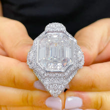 Load image into Gallery viewer, HUGE And Heavy 14k Solid white gold emerald cut moissanite engagement ring bezel and prong set bridal wedding Propose Anniversary 16.50ctw