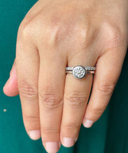 Load image into Gallery viewer, 14k solid white gold round forever one moissanite and natural diamond engagement ring and band bezel halo 1.40ct
