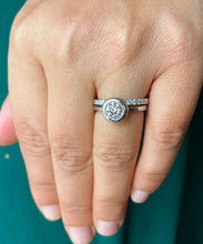 Load image into Gallery viewer, 14k solid white gold round forever one moissanite and natural diamond engagement ring and band bezel halo 1.40ct