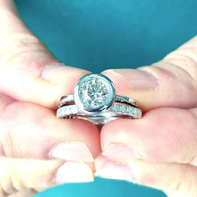 Load image into Gallery viewer, 14k solid white gold round forever one moissanite and natural diamond engagement ring and band bezel halo 1.40ct