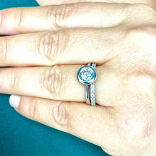 Load image into Gallery viewer, 14k solid white gold round forever one moissanite and natural diamond engagement ring and band bezel halo 1.40ct