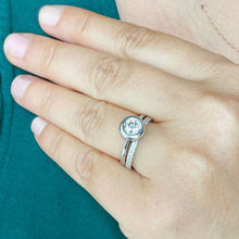 Load image into Gallery viewer, GIA/IGI Certified 14k solid white gold round cut diamonds engagement ring and two bands bezel set style wedding set halo 1.40ctw F-VS2