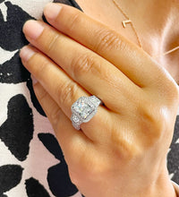 Load image into Gallery viewer, 14k Solid White Gold Radiant Cut Moissanite And Round And Trapezoids Cut Natural Diamonds Engagement Ring 4.00ctw