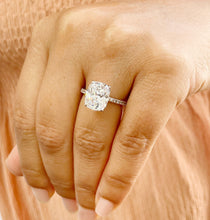 Load image into Gallery viewer, 14K Solid Rose Gold Cushion Cut Forever One Moissanite And Round Cut Natural Diamonds Engagement Ring Solitaire Four Prong set 5.00ctw