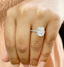 Load image into Gallery viewer, 14K Solid Rose Gold Cushion Cut Forever One Moissanite And Round Cut Natural Diamonds Engagement Ring Solitaire Four Prong set 5.00ctw