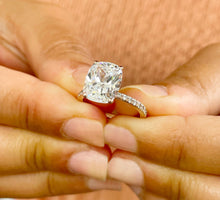 Load image into Gallery viewer, 14K Solid Rose Gold Cushion Cut Forever One Moissanite And Round Cut Natural Diamonds Engagement Ring Solitaire Four Prong set 5.00ctw