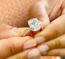 Load image into Gallery viewer, 14K Solid Rose Gold Cushion Cut Forever One Moissanite And Round Cut Natural Diamonds Engagement Ring Solitaire Four Prong set 5.00ctw