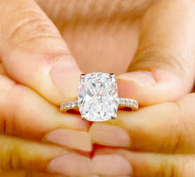 Load image into Gallery viewer, 14K Solid Rose Gold Cushion Cut Moissanite And Round Cut Natural Diamonds Engagement Ring Solitaire Four Prong set 5.00ctw