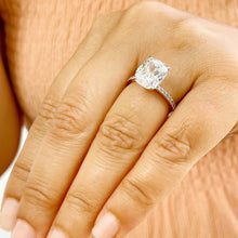 Load image into Gallery viewer, 14K Solid Rose Gold Cushion Cut Forever One Moissanite And Round Cut Natural Diamonds Engagement Ring Solitaire Four Prong set 5.00ctw