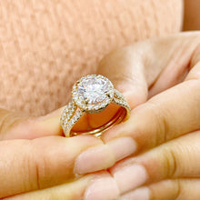 Load image into Gallery viewer, Triple shank style 14k Solid Yellow Gold Round Cut Moissanite and Natural Diamond Engagement Ring Halo, Bridal, Wedding 3.80ctw