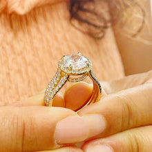 Load image into Gallery viewer, Triple shank style 14k Solid Yellow Gold Round Cut Forever One Moissanite and Natural Diamond Engagement Ring Halo, Bridal, Wedding 3.80ctw