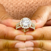 Load image into Gallery viewer, Triple shank style 14k Solid Yellow Gold Round Cut Forever One Moissanite and Natural Diamond Engagement Ring Halo, Bridal, Wedding 3.80ctw