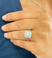 Load image into Gallery viewer, 14k Solid White Gold Cushion Cut Forever One Moissanite and Round Cut Natural Diamond Engagement Ring Double Halo, Split Shank 3.40ctw