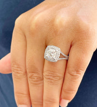 Load image into Gallery viewer, 14k Solid White Gold Cushion Cut Forever One Moissanite and Round Cut Natural Diamond Engagement Ring Double Halo, Split Shank 3.40ctw