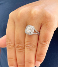 Load image into Gallery viewer, 14k Solid White Gold Cushion Cut Moissanite and Round Cut Natural Diamond Engagement Ring Double Halo, Split Shank 3.40ctw