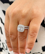 Load image into Gallery viewer, 14k solid white gold cushion cut diamond engagement ring and band art deco double halo natural diamonds bridal wedding set 1.85ctw