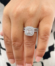 Load image into Gallery viewer, 14k solid white gold cushion cut diamond engagement ring and band art deco double halo natural diamonds bridal wedding set 1.85ctw