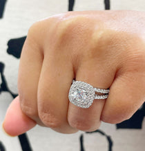 Load image into Gallery viewer, 14k Solid White Gold Cushion Cut Forever One Moissanite And Natural Diamond Engagement Ring And Band Bridal Wedding Double Halo 2.00ct