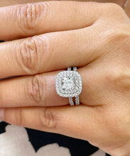 Load image into Gallery viewer, 14k solid white gold cushion cut diamond engagement ring and band art deco double halo natural diamonds bridal wedding set 1.85ctw