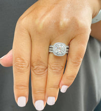 Load image into Gallery viewer, 14k White Solid Gold Cushion Cut Forever One Moissanite and Natural Diamond Engagement Ring And Two Bands Bezel Set 3.80ct
