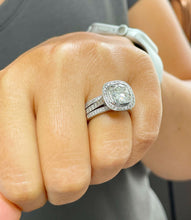 Load image into Gallery viewer, 14k White Solid Gold Cushion Cut Moissanite and Natural Diamond Engagement Ring And Two Bands Bezel Set 3.80ct