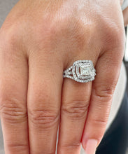 Load image into Gallery viewer, Double Halo Split Shank 14k White Gold Princess Cut Moissanite and Round Cut Natural Diamond Engagement Ring 1.70ctw