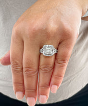 Load image into Gallery viewer, Double Halo Split Shank 14k White Gold Princess Cut Moissanite and Round Cut Natural Diamond Engagement Ring 1.70ctw