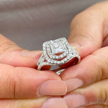 Load image into Gallery viewer, Double Halo Split Shank 14k White Gold Princess Cut Moissanite and Round Cut Natural Diamond Engagement Ring 1.70ctw