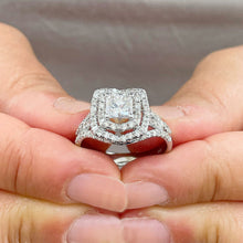 Load image into Gallery viewer, Double Halo Split Shank 14k White Gold Princess Cut Moissanite and Round Cut Natural Diamond Engagement Ring 1.70ctw