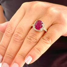 Load image into Gallery viewer, 14k yellow gold oval ruby and round cut natural diamond antique design ring Bridal Wedding Anniversary Halo Natural Diamonds 6.00ctw
