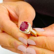 Load image into Gallery viewer, 14k yellow gold oval ruby and round cut natural diamond antique design ring Bridal Wedding Anniversary Halo Natural Diamonds 6.00ctw