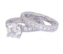 Load image into Gallery viewer, 14k Solid White Gold Round Cut Moissanite and Round Cut Natural Diamond Engagement Ring and band, Bridal Set 3.50ctw