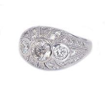 Load image into Gallery viewer, Filigree 14K Solid White Gold Round Cut Moissanite And Natural Diamond Engagement Ring Three Stone Bezel Set Antique Style 2.00ctw