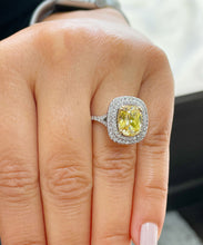 Load image into Gallery viewer, Huge Women's 14k solid white gold Fancy Yellow Cushion simulated and round cut natural diamond engagement ring Halo 4.20ct