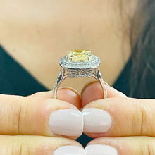 Load image into Gallery viewer, Huge Women's 14k solid white gold Fancy Yellow Cushion simulated and round cut natural diamond engagement ring Halo 4.20ct