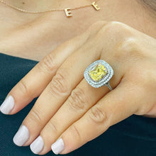Load image into Gallery viewer, Huge Women's 14k solid white gold Fancy Yellow Cushion simulated and round cut natural diamond engagement ring Halo 4.20ct