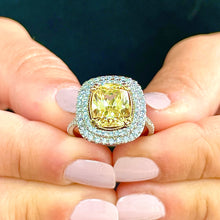 Load image into Gallery viewer, Huge Women's 14k solid white gold Fancy Yellow Cushion simulated and round cut natural diamond engagement ring Halo 4.20ct