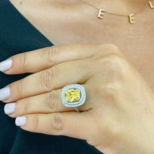 Load image into Gallery viewer, Huge Women's 14k solid white gold Fancy Yellow Cushion simulated and round cut natural diamond engagement ring Halo 4.20ct