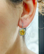 Load image into Gallery viewer, 14K Solid White And Yellow Gold Round Cut Natural Yellow Citrine And Natural Diamonds Dangling Earrings Double Halo Style 5.00ctw