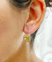 Load image into Gallery viewer, 14K Solid White And Yellow Gold Round Cut Natural Yellow Citrine And Natural Diamonds Dangling Earrings Double Halo Style 5.00ctw